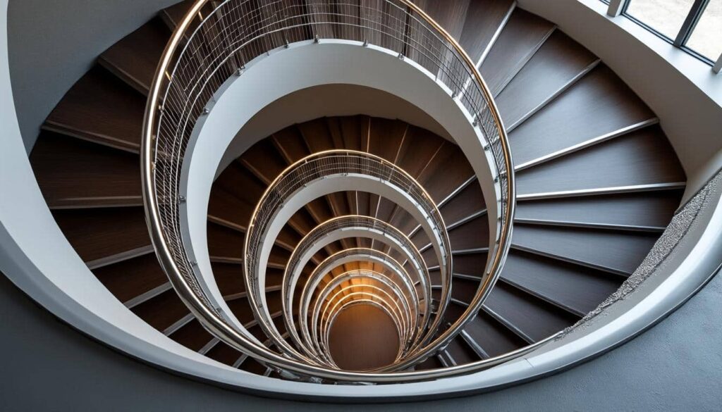 assurez la sécurité de votre escalier en colimaçon grâce à l'installation d'un garde-corps en filet tendu, alliant protection et élégance.