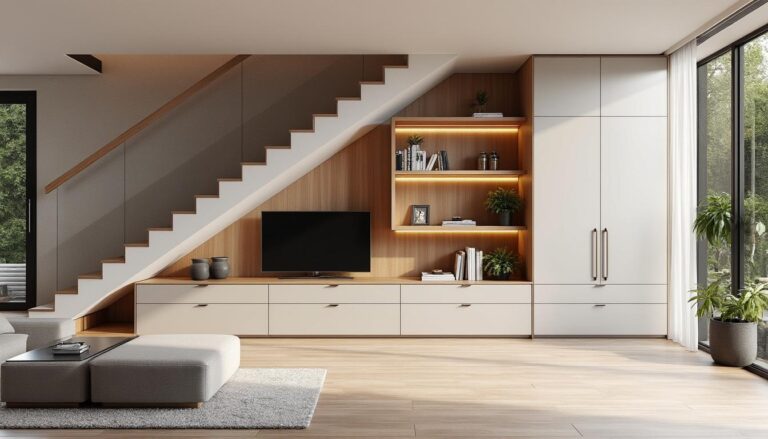 découvrez comment optimiser le rangement sous votre escalier grâce à des meubles sur mesure parfaitement intégrés, alliant fonctionnalité et esthétique pour valoriser votre espace.