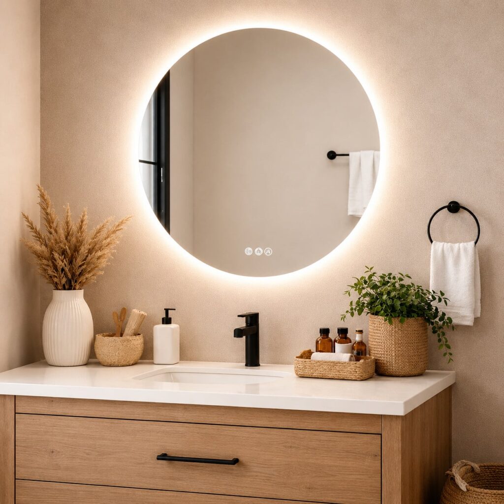Miroir mural rond doré